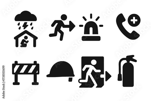 Storm Safety Icon Set. Solid, filled icon set of storm safety actions: shelter, evacuation, warning signal, emergency call, barricade, safety helmet, emergency