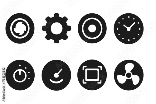 Tech Component Icons. Solid, filled icon set of circular tech components: lens, gear wheel, speaker cone, watch dial, rotary knob, analog meter, camera sensor,