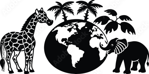 Giraffe silhouette globe with wild animals and nature vector illustration