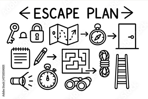 Escape Plan Tools. Hand-drawn doodle illustration escape plan blueprint, key, lock, map, compass, door, flashlight, stopwatch, arrows, notebook, pencil, maze,