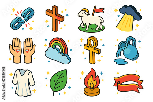 Redemption Symbols Icons. Redemption symbols. Colorful isometric vector icons set of redemption symbols: broken chains, blood-stained cross, sacrifice lamb,