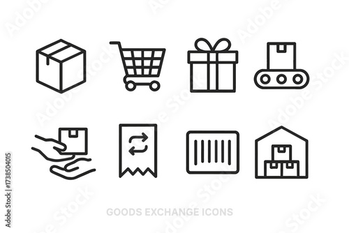 Goods Exchange Icons. Outline icon set of goods exchange: package delivery, shopping cart, gift box, conveyor belt, handover, exchange receipt, barcode,
