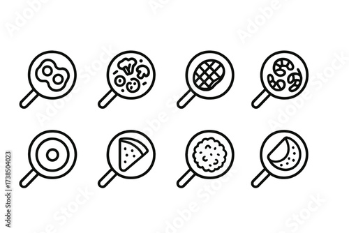 Pan Meal Icons. Outline icon set of pan meal types: breakfast eggs, stir-fried vegetables, grilled steak, sauteed shrimp, pancake, crepe, fried rice, omelette.