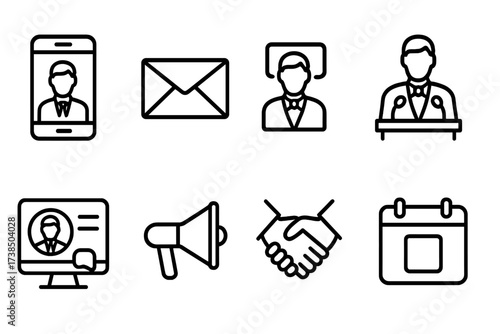 Senator Communication Icons. Outline icon set of senator communication: smartphone, email, letter, press conference, social media, megaphone, handshake,