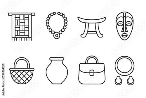 Ghanaian Craft Icons. Outline icon set of Ghanaian crafts: Kente weaving, Beaded necklace, Wooden stool, Carved mask, Basket weaving, Clay pot, Leather bag,