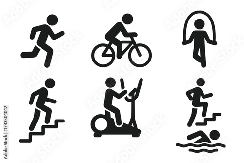 Cardio Exercise Icons. Solid, filled icon set of cardio exercises: running, cycling, jumping rope, rowing, stair climbing, elliptical, swimming, high knees.