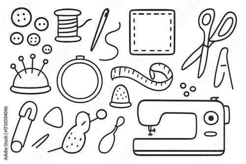 Sewing Essentials Doodle. Hand-drawn doodle illustration Embellishing with buttons buttons, needle, thread spool, fabric piece, scissors, thimble, embroidery