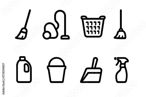 Weekend Chores Icons. Outline icon set of weekend chores: broom, vacuum cleaner, laundry basket, mop, detergent, bucket, dustpan, cleaning spray. Line icons in