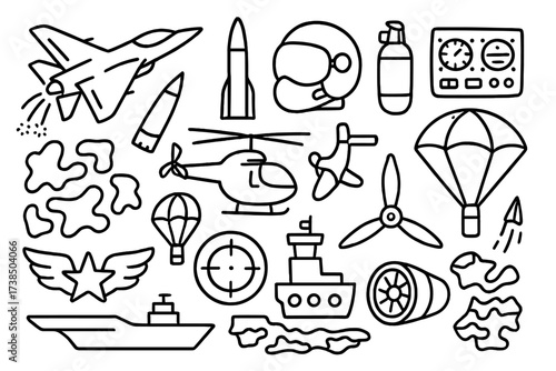 Military Aviation Icons. Hand-drawn doodle illustration Fighter jets and military aviation fighter jet, missile, pilot helmet, radar dish, helicopter, bomb,