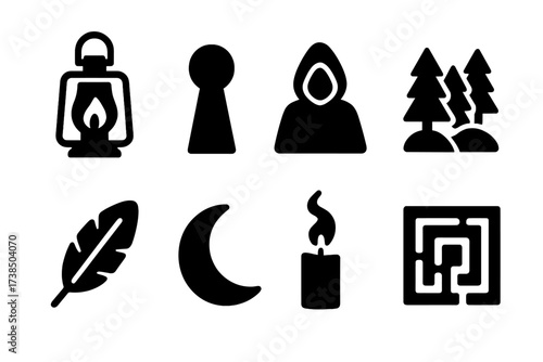 Mystical Icon Set. Solid, filled icon set of mysterious signs: lantern, keyhole, cloaked figure, dark forest, owl feather, moon crescent, candle smoke,