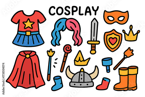 Colorful Cosplay Elements. Cosplay. Colorful Hand-drawn doodle Children illustration cosplay costume, wig, mask, sword, shield, crown, magic staff, cape,