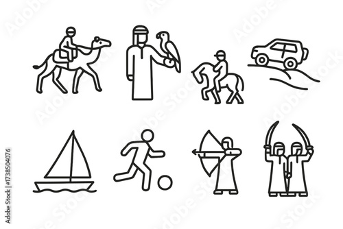 Emirati Sports Icons. Outline icon set of Emirati sports: Camel racing, Falconry, Horse riding, Dune bashing, Sailing regatta, Football, Archery, Traditional