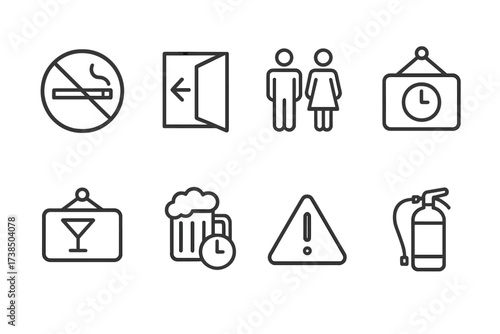 Sports Bar Icon Set. Outline icon set of sports bar signs and symbols: no smoking sign, exit sign, restroom sign, opening hours, drink specials, happy hour,
