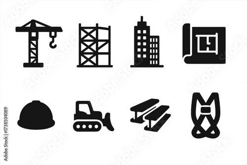 Construction Icons Grid. Solid, filled icon set of skyscraper construction: crane, scaffolding, concrete mixer, blueprint, hard hat, bulldozer, steel beams,