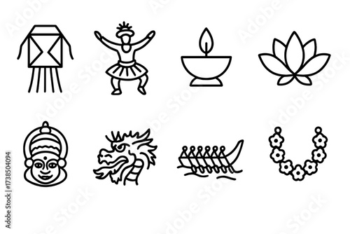 Sri Lankan Festival Icons. Outline icon set of Sri Lankan festivals: Vesak lantern, Perahera dancer, oil lamp, lotus flower, Kathakali mask, fire dragon, boat
