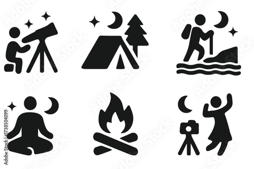 Moonlight Activities Icons. Solid, filled icon set of moonlight activities: stargazing, camping, night hiking, moonlit boat, night meditation, bonfire, night