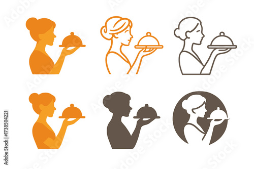Diverse Hostess Logos. Hostess. Set Logo of hospitality: hostess presenting a dish. harmonious logo variations of the same emblematic concept, each with