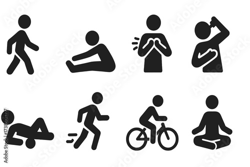 Cardio Cool Down Icons. Solid, filled icon set of cardio cool down: walking, stretching, deep breathing, hydration, foam rolling, light jogging, slow cycling,