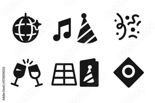Cocktail Party Icons. Solid, filled icon set of cocktail party elements: disco ball, music note, party hat, confetti, clinking glasses, dance floor, invitation