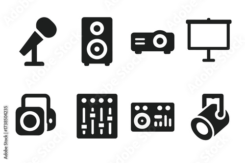 Banquet Equipment Icons. Solid, filled icon set of banquet audio and visual equipment: microphone, speaker, projector, presentation screen, stage light, sound