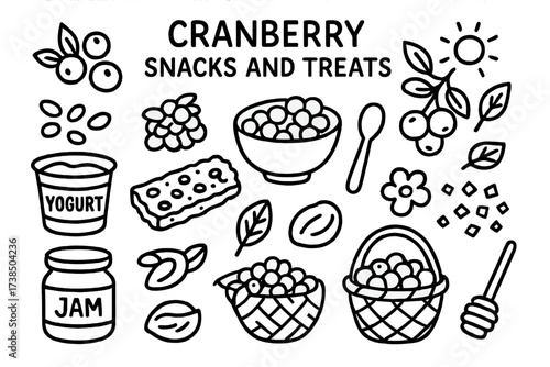 Cranberry Snacks Doodle. Hand-drawn doodle illustration Cranberry snacks and treats cranberry berries, trail mix, yogurt cup, granola bar, bowl, spoon, jam
