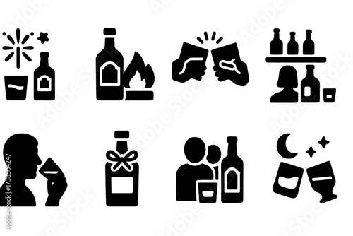 Whiskey Icons Grid. Solid, filled icon set of whiskey occasions: celebration, cozy fire, whiskey toast, bar scene, tasting event, gift bottle, night out,