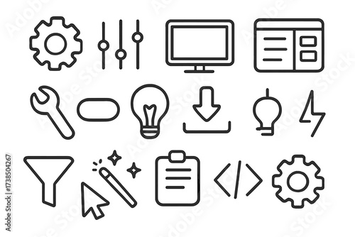 Hand-Drawn Software Icons. Hand-drawn doodle illustration software preset gear, sliders, computer screen, layers panel, wrench, toggle switch, light bulb,