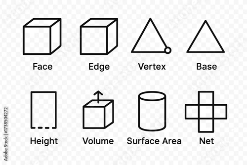 Solid Geometry Icons. Outline icon set of solid geometry elements: face, edge, vertex, base, height, volume, surface area, net. Line icons in only black color,