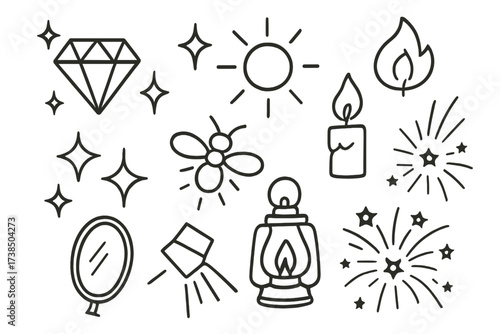 Shine and Sparkle Icons. Hand-drawn doodle illustration brilliant shine diamond, sparkle, glitter, star, light rays, crystal, candle flame, sun, firefly,
