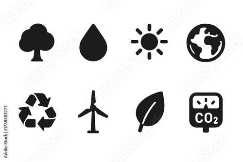 Environmental Icon Set. Solid, filled icon set of environmental balance: tree, water droplet, sun, globe, recycle arrows, windmill, leaf, CO2 meter. [Solid,