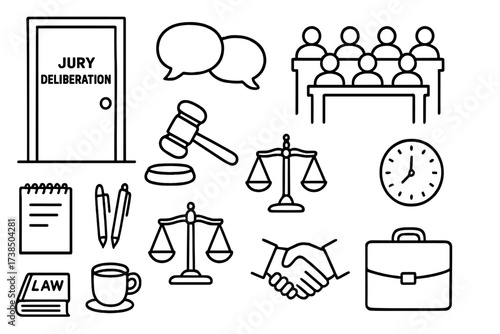 Jury Deliberation Doodles. Hand-drawn doodle illustration jury deliberation process closed door, jury box, judge?s gavel, notepad, pens, legal papers, scales