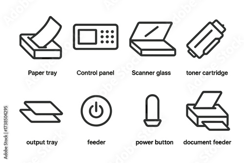 Copier Icon Set. Outline icon set of copier machine parts: paper tray, control panel, scanner glass, toner cartridge, output tray, feeder, power button,