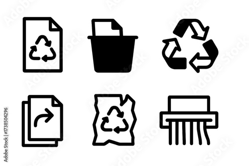 Paper Recycling Icons. Solid, filled icon set of paper recycling: recycled paper, paper waste bin, paper recycle symbol, paper reuse, paper stack with arrow,