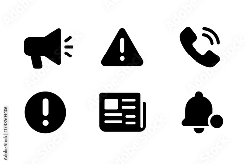 Insolvency Alert Icons. Solid, filled icon set of insolvency notification: announcement, warning sign, mail, phone call, alert, newspaper, social media,