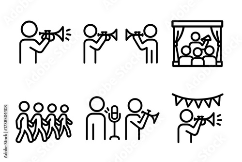 Trumpet Performance Icons. Outline icon set of trumpet performances: solo, duet, orchestra, concert, parade, studio recording, rehearsal, festival. Line icons