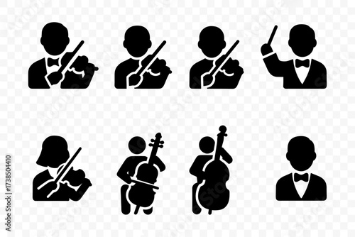 Orchestra Role Icons. Solid, filled icon set of orchestra roles: concertmaster, first violinist, second violinist, conductor, violist, cellist, bass player,