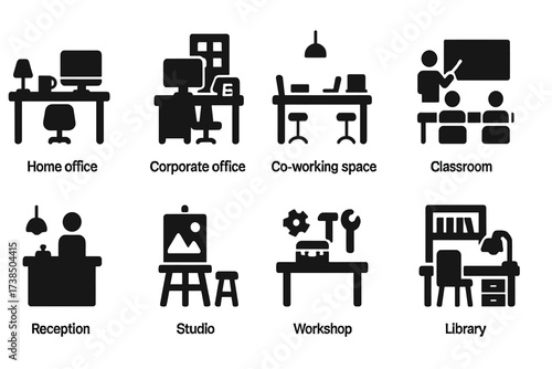 Desk Environments Icons. Solid, filled icon set of desk environments: home office, corporate office, co-working space, classroom, reception, studio, workshop,