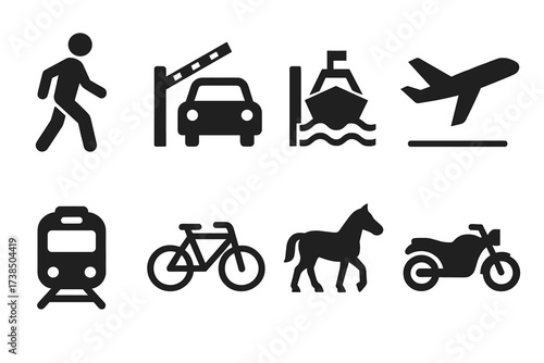 Border Crossing Icons. Solid, filled icon set of border crossing modes: pedestrian, vehicle, boat, airplane, train, bicycle, horse, motorcycle. [Solid, filled