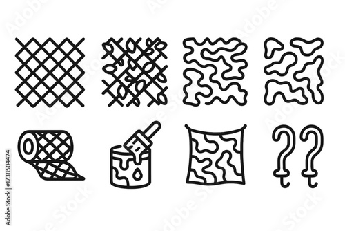 Camouflage Icon Set. Outline icon set of camouflage net: mesh pattern, leaf overlay, desert camo, forest camo, netting roll, camouflage paint, concealment