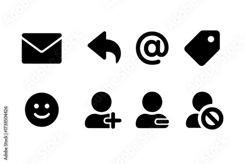 Social Media Icons Grid. Solid, filled icon set of social media interaction: direct message, reply, mention, tag, emoji, follow, unfollow, block. [Line icons