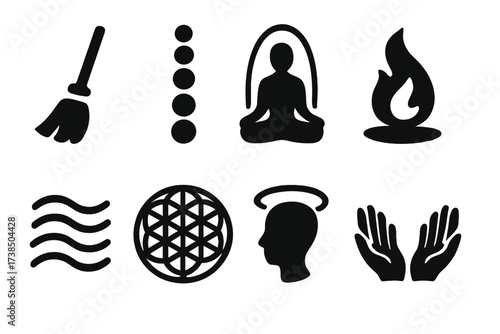 Spiritual Icon Set. Solid, filled icon set of ritual broom and spirituality: chakras, aura, meditating figure, spirit flame, energy flow, sacred geometry,