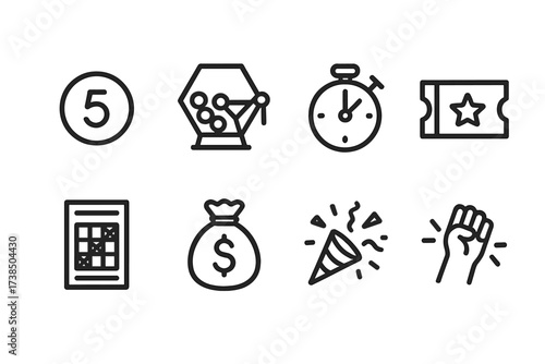 Lottery Icon Set. Outline icon set of lottery process: lottery ball, draw machine, timer, ticket, betting slip, jackpot, confetti, winner hand. Line icons in