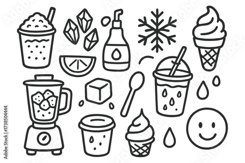 Icy Treats Doodles. Hand-drawn doodle illustration icy beverages and snacks slush cup, ice crystals, straw, snowflake, syrup bottle, fruit slice, ice cream