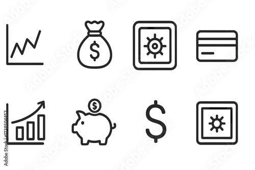 Finance Icon Set. Outline icon set of high stakes finance: stock market, money bag, bank vault, credit card, investment chart, piggy bank, dollar sign, safe