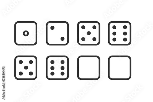 Dice Face Icons. Outline icon set of dice faces: one dot, two dots, three dots, four dots, five dots, six dots, blank face, shadow. Line icons in only black
