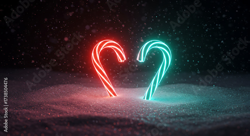 Neon Candy Canes of Love: Two neon candy canes form a heart shape in a snowy landscape, illuminated against a starry night, capturing the festive romance of winter. 