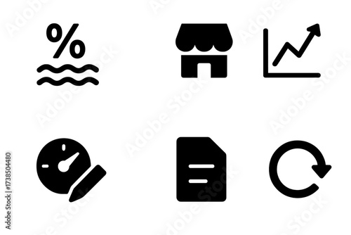 Black Financial Icons. Solid, filled icon set of floating interest: wave percentage, adjustable rate, market icon, rate trend graph, variable loan, contract