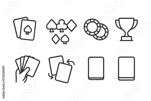 Poker Icons Collection. Outline icon set of pair poker hand: two cards, playing cards, card suits, poker chips, card hand, shuffle deck, card deck, trophy.