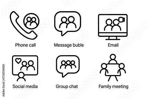 Cousin Communication Icons. Outline icon set of cousin communication: phone call, message bubble, video chat, email, social media, group chat, family meeting,