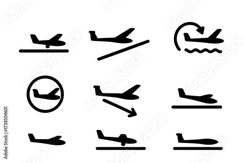 Glider Flight Phases Icons. Solid, filled icon set of glider flight phases: takeoff, climb, cruising, thermaling, circling, landing approach, touchdown,